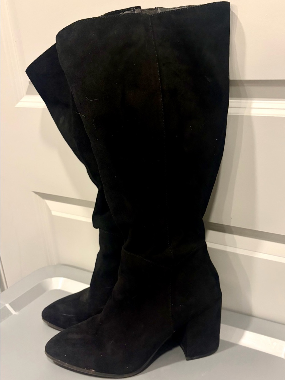 Women's Black Suede Knee Boots Wide Calf with Block Heel